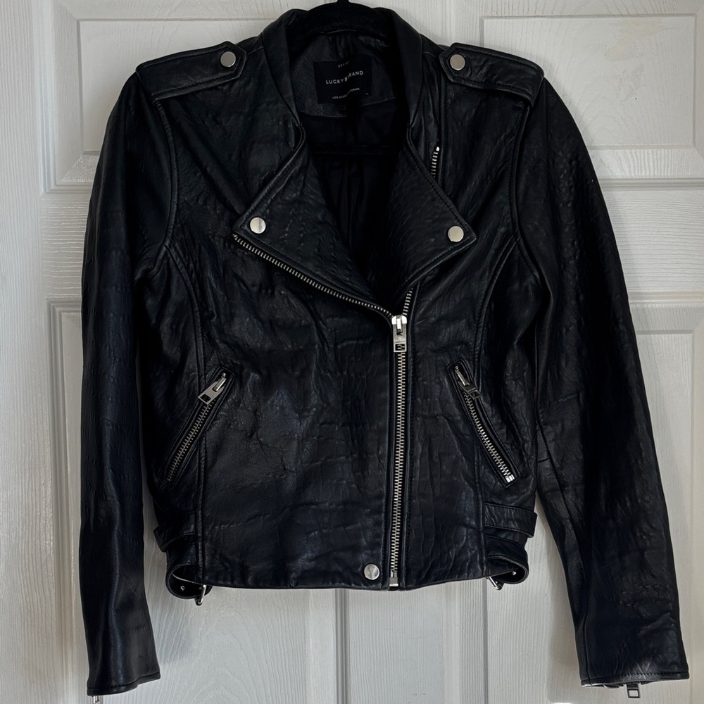 Lucky Brand Black Lambskin Leather Moto Jacket with Silver Hardware Size Medium
